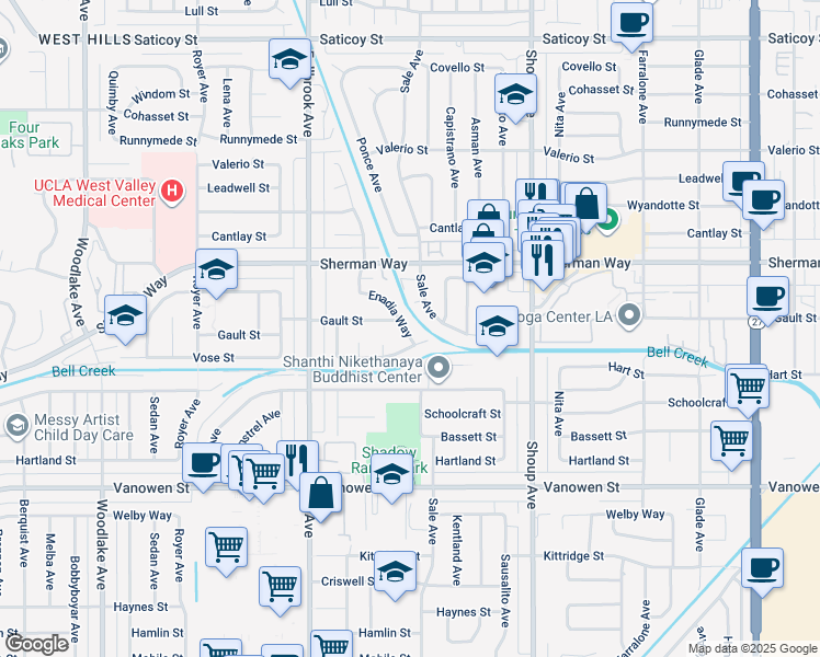 map of restaurants, bars, coffee shops, grocery stores, and more near 22619 Enadia Way in Los Angeles