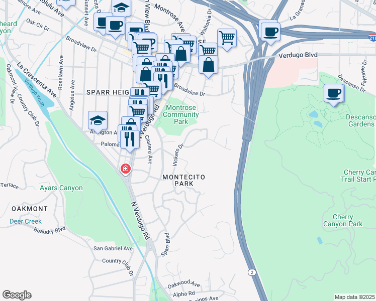 map of restaurants, bars, coffee shops, grocery stores, and more near 1965 Glencoe Way in Glendale