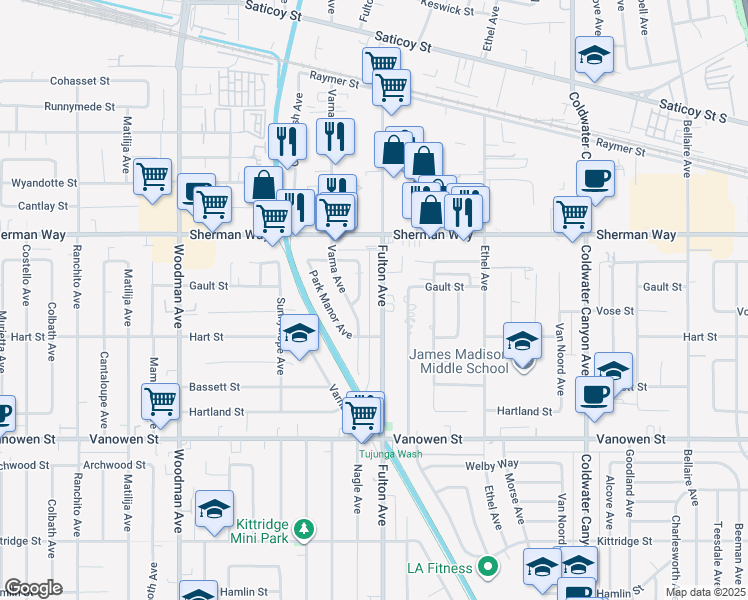 map of restaurants, bars, coffee shops, grocery stores, and more near 7028 Nagle Avenue in Los Angeles