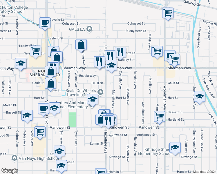 map of restaurants, bars, coffee shops, grocery stores, and more near 7029 1/2 Hazeltine Avenue in Los Angeles