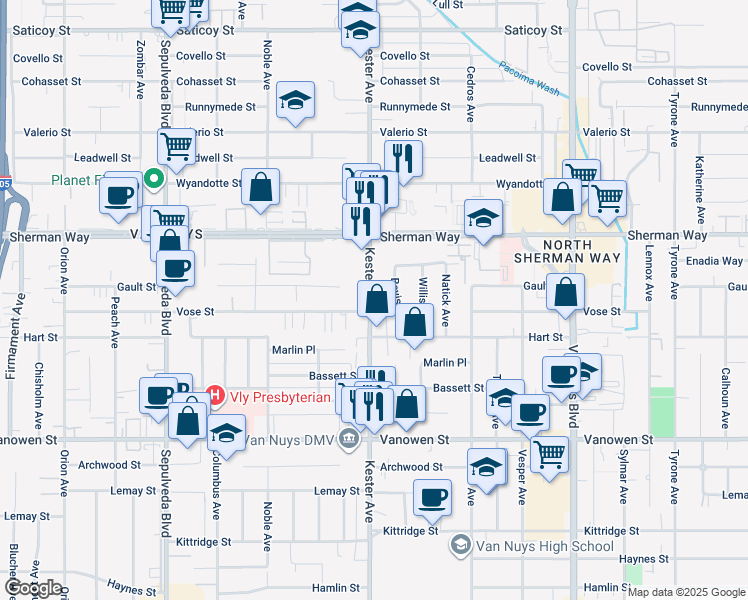 map of restaurants, bars, coffee shops, grocery stores, and more near 14911 Vose Street in Los Angeles