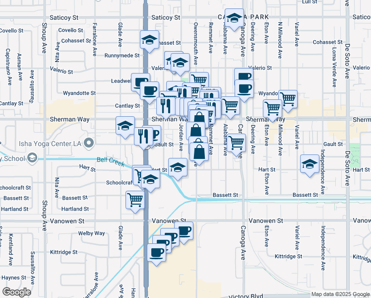 map of restaurants, bars, coffee shops, grocery stores, and more near 7041 Owensmouth Avenue in Los Angeles