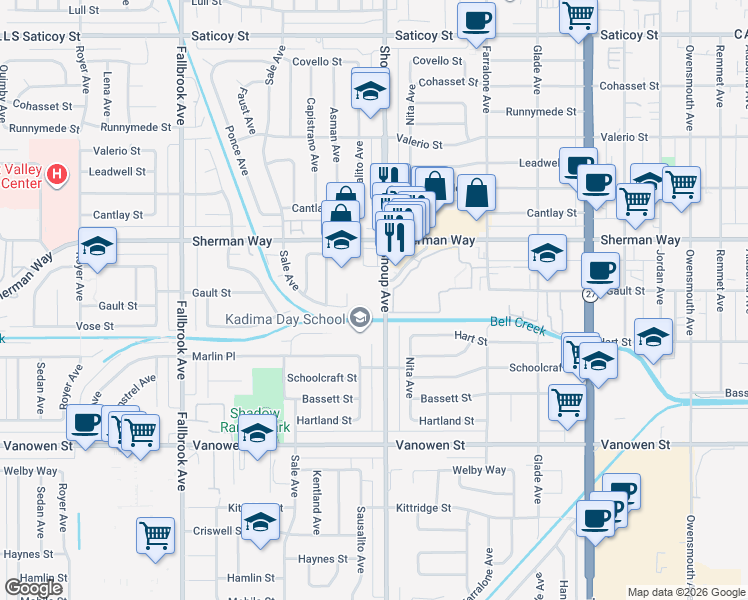 map of restaurants, bars, coffee shops, grocery stores, and more near 7055 Shoup Avenue in Los Angeles