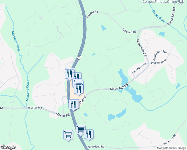 map of restaurants, bars, coffee shops, grocery stores, and more near 4625 Royal Lakes Drive in Flowery Branch