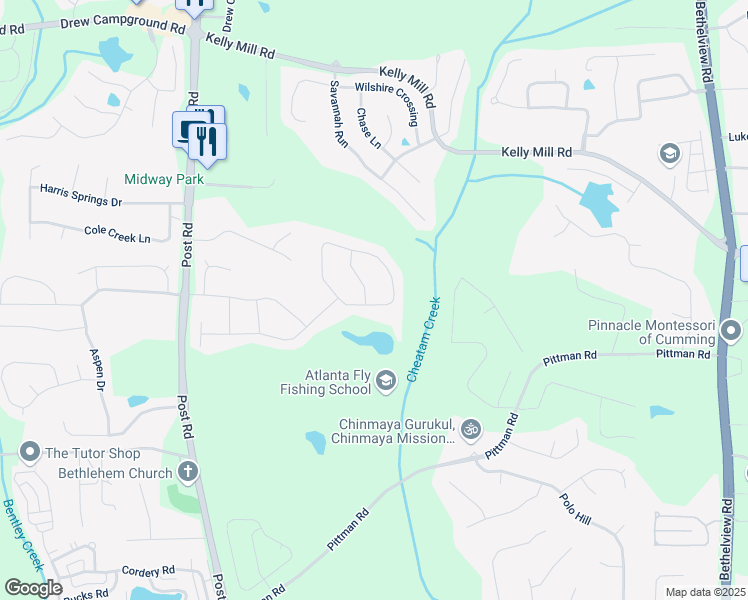 map of restaurants, bars, coffee shops, grocery stores, and more near 5910 Roxboro Court in Cumming