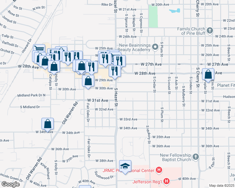 map of restaurants, bars, coffee shops, grocery stores, and more near 3010 South Hazel Street in Pine Bluff