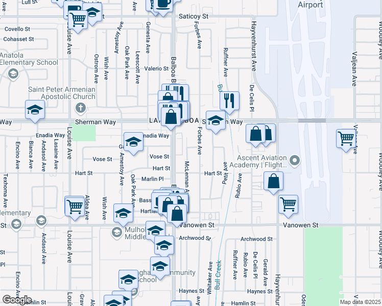 map of restaurants, bars, coffee shops, grocery stores, and more near 7048 McLennan Avenue in Los Angeles