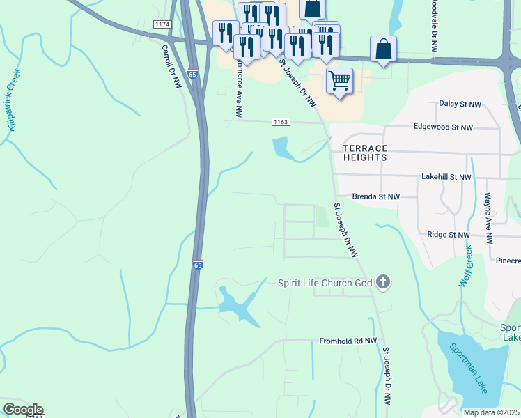map of restaurants, bars, coffee shops, grocery stores, and more near 1725 Emil Drive Northwest in Cullman