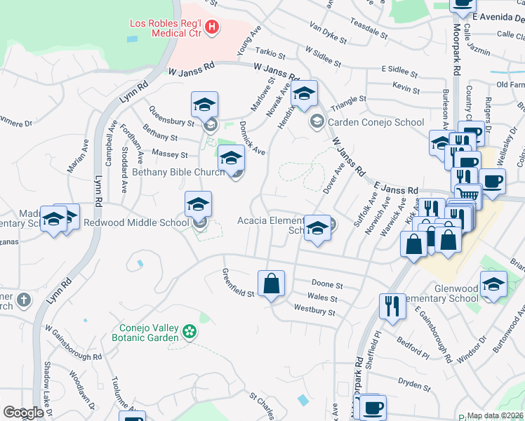 map of restaurants, bars, coffee shops, grocery stores, and more near 1453 Hendrix Avenue in Thousand Oaks