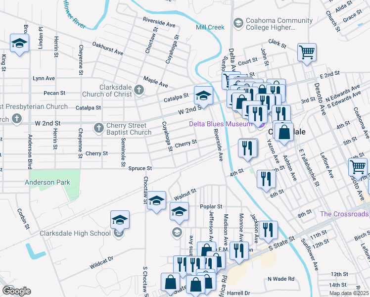 map of restaurants, bars, coffee shops, grocery stores, and more near 822 Cuyahoga Street in Clarksdale