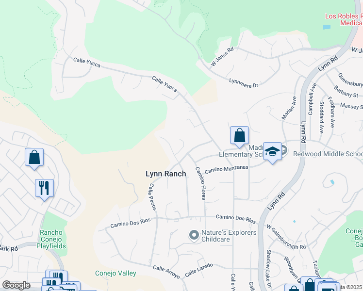 map of restaurants, bars, coffee shops, grocery stores, and more near 1162 Calle Las Trancas in Thousand Oaks