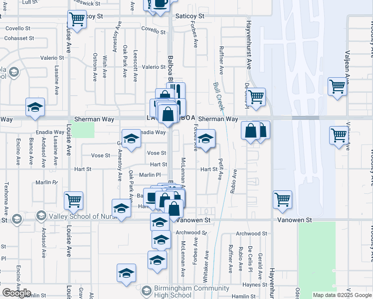 map of restaurants, bars, coffee shops, grocery stores, and more near 7048 McLennan Avenue in Los Angeles