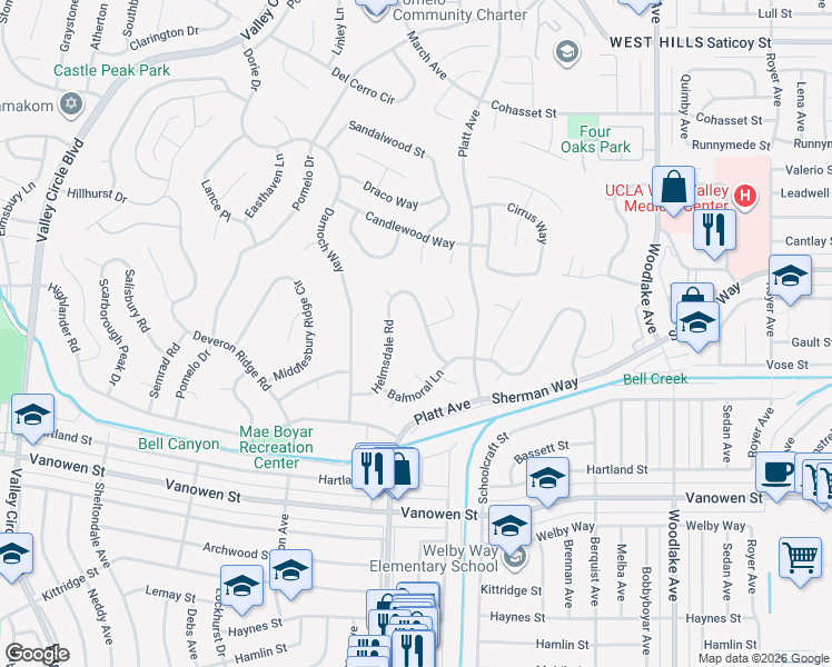 map of restaurants, bars, coffee shops, grocery stores, and more near 7127 Forest Hills Road in Los Angeles