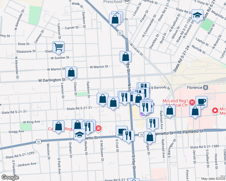 map of restaurants, bars, coffee shops, grocery stores, and more near 301 West North B Baroody Street in Florence