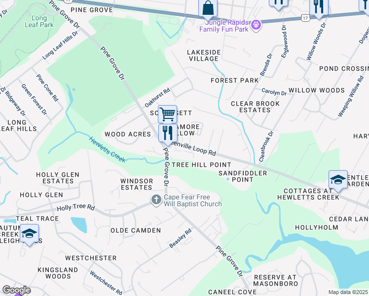 map of restaurants, bars, coffee shops, grocery stores, and more near 5128 Greenville Loop Road in Wilmington
