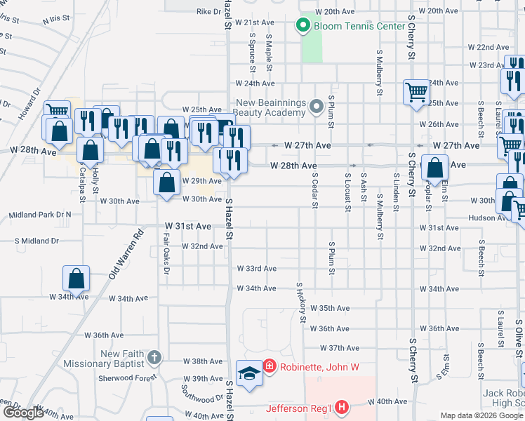 map of restaurants, bars, coffee shops, grocery stores, and more near 1903 West 31st Avenue in Pine Bluff