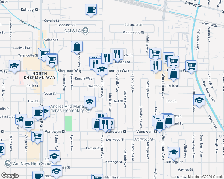 map of restaurants, bars, coffee shops, grocery stores, and more near 7032 Murietta Avenue in Los Angeles