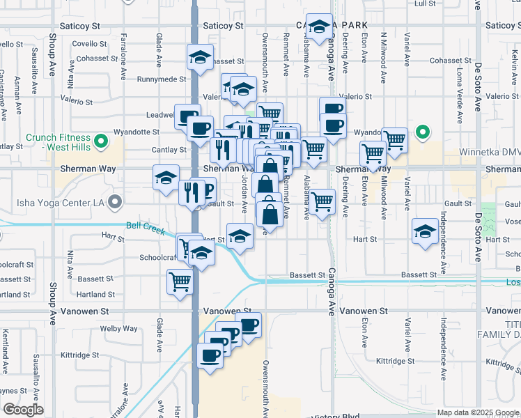 map of restaurants, bars, coffee shops, grocery stores, and more near 7041 Owensmouth Avenue in Los Angeles