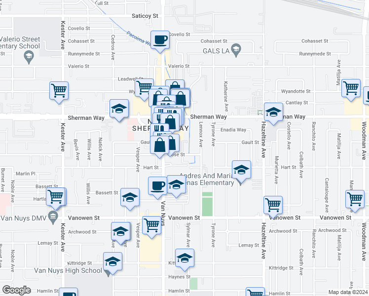 map of restaurants, bars, coffee shops, grocery stores, and more near 14431 Vose Street in Los Angeles