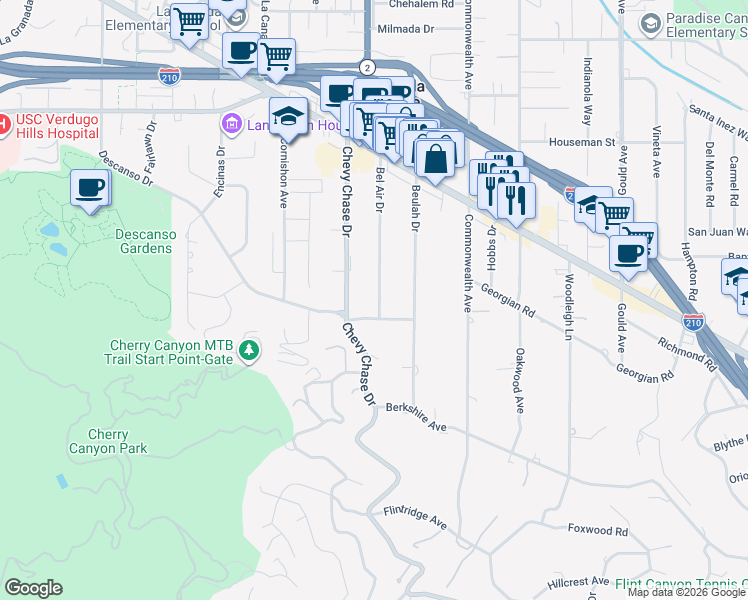 map of restaurants, bars, coffee shops, grocery stores, and more near 939 Descanso Drive in La Cañada Flintridge