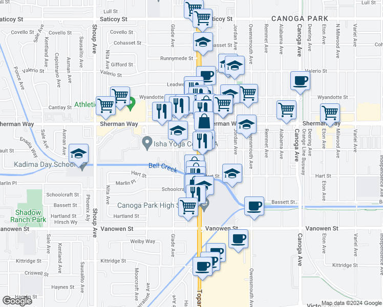map of restaurants, bars, coffee shops, grocery stores, and more near 22016 Gault Street in Los Angeles