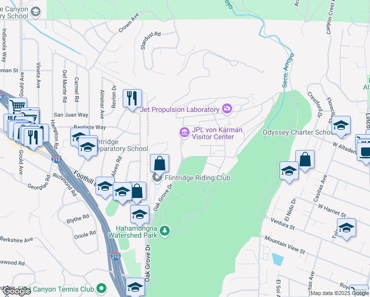 map of restaurants, bars, coffee shops, grocery stores, and more near 4800 Oak Grove Drive in La Cañada Flintridge