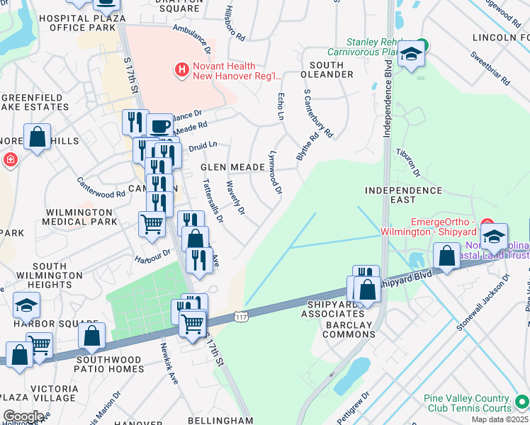 map of restaurants, bars, coffee shops, grocery stores, and more near 2326 Parham Drive in Wilmington