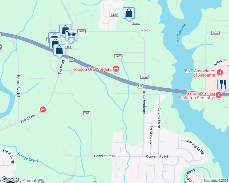 map of restaurants, bars, coffee shops, grocery stores, and more near 1500 Catoma Lane Northeast in Cullman