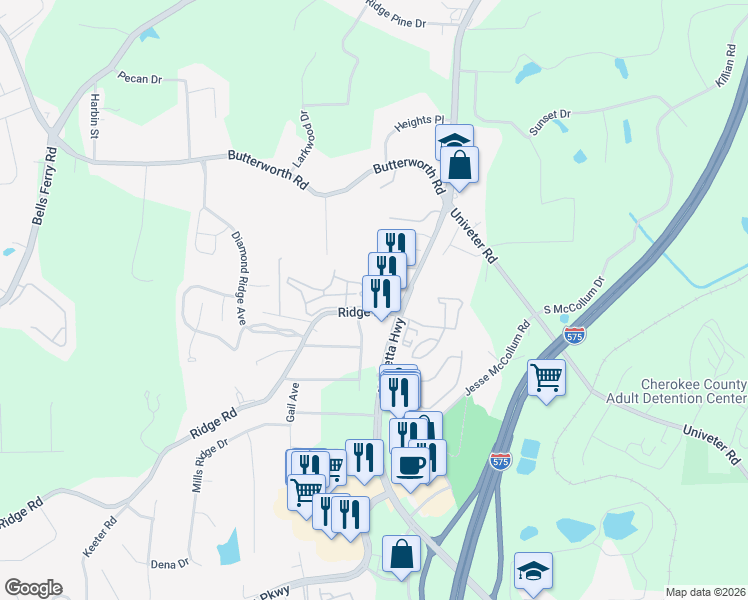 map of restaurants, bars, coffee shops, grocery stores, and more near 3204 Ridge Road in Canton
