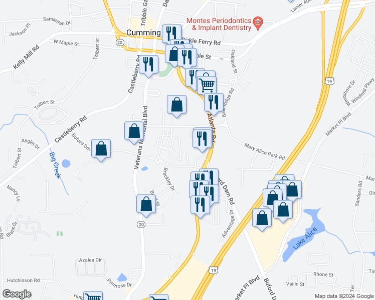 map of restaurants, bars, coffee shops, grocery stores, and more near 104 Meadow Drive in Cumming