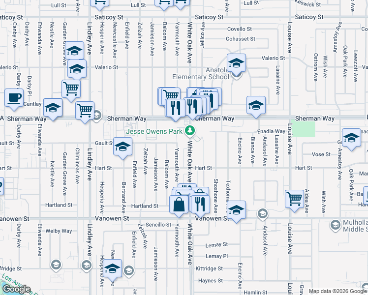 map of restaurants, bars, coffee shops, grocery stores, and more near White Oak Avenue in Los Angeles