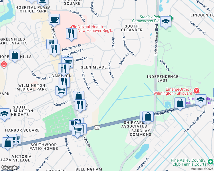 map of restaurants, bars, coffee shops, grocery stores, and more near 2326 Parham Drive in Wilmington