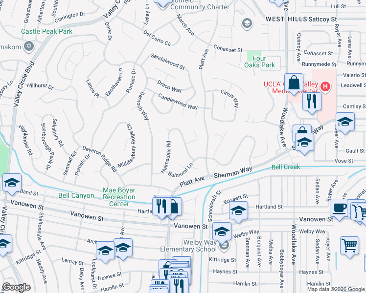 map of restaurants, bars, coffee shops, grocery stores, and more near 7127 Forest Hills Road in Los Angeles