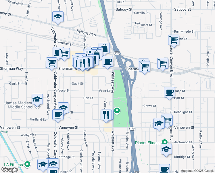 map of restaurants, bars, coffee shops, grocery stores, and more near 7048 Vanscoy Avenue in Los Angeles