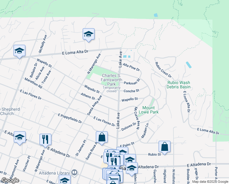 map of restaurants, bars, coffee shops, grocery stores, and more near 630 Concha Street in Altadena