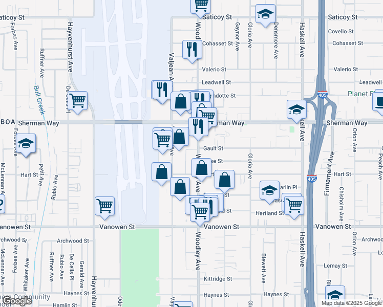 map of restaurants, bars, coffee shops, grocery stores, and more near 7045 Woodley Avenue in Los Angeles