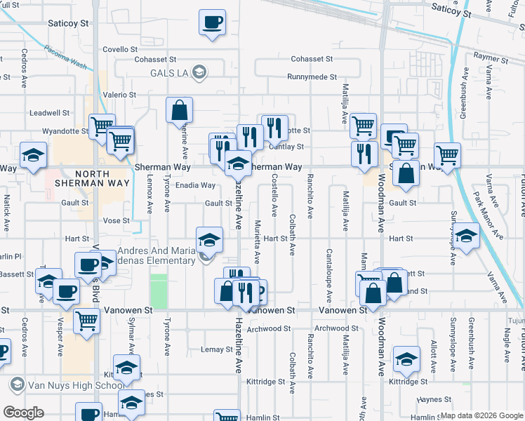 map of restaurants, bars, coffee shops, grocery stores, and more near 7032 Murietta Avenue in Los Angeles