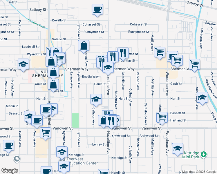 map of restaurants, bars, coffee shops, grocery stores, and more near 7029 1/2 Hazeltine Avenue in Los Angeles