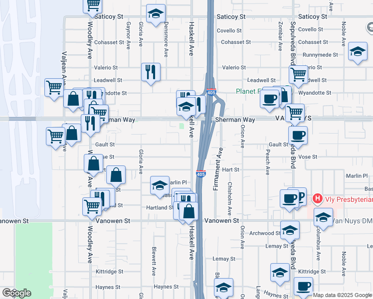 map of restaurants, bars, coffee shops, grocery stores, and more near 15719 Vose Street in Los Angeles