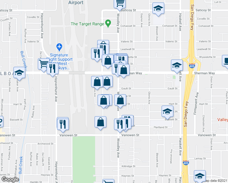 map of restaurants, bars, coffee shops, grocery stores, and more near 7032 Valjean Avenue in Los Angeles