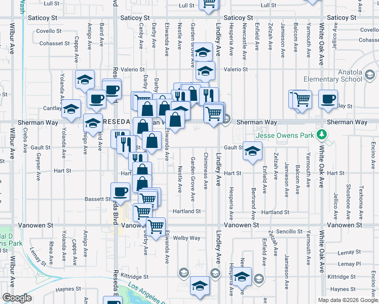 map of restaurants, bars, coffee shops, grocery stores, and more near 7035 Garden Grove Avenue in Los Angeles