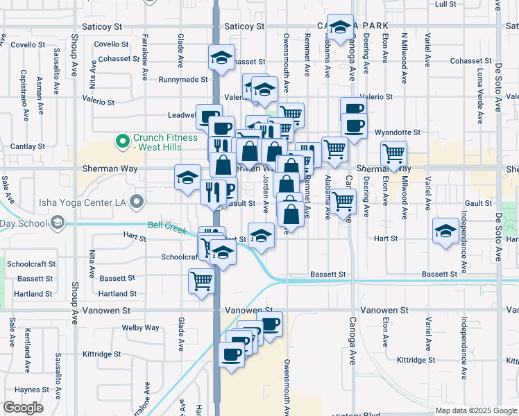 map of restaurants, bars, coffee shops, grocery stores, and more near 7035 Jordan Avenue in Los Angeles