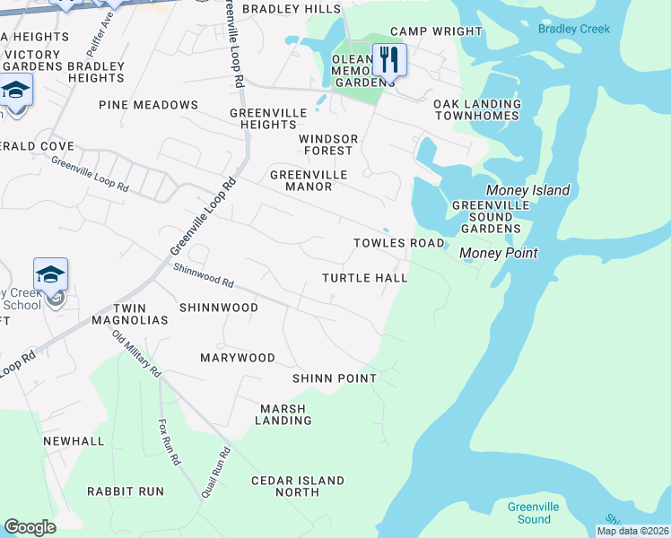 map of restaurants, bars, coffee shops, grocery stores, and more near 3104 Wescot Court in Wilmington