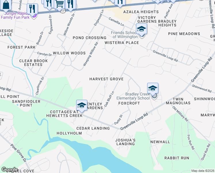 map of restaurants, bars, coffee shops, grocery stores, and more near 5732 Oak Bluff Lane in Wilmington