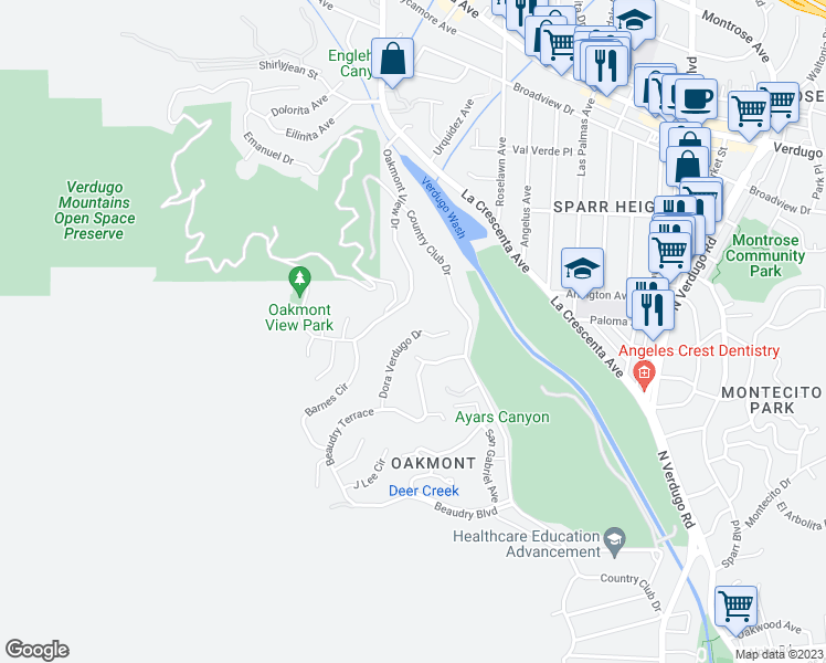 map of restaurants, bars, coffee shops, grocery stores, and more near 3277 Dora Verdugo Drive in Glendale