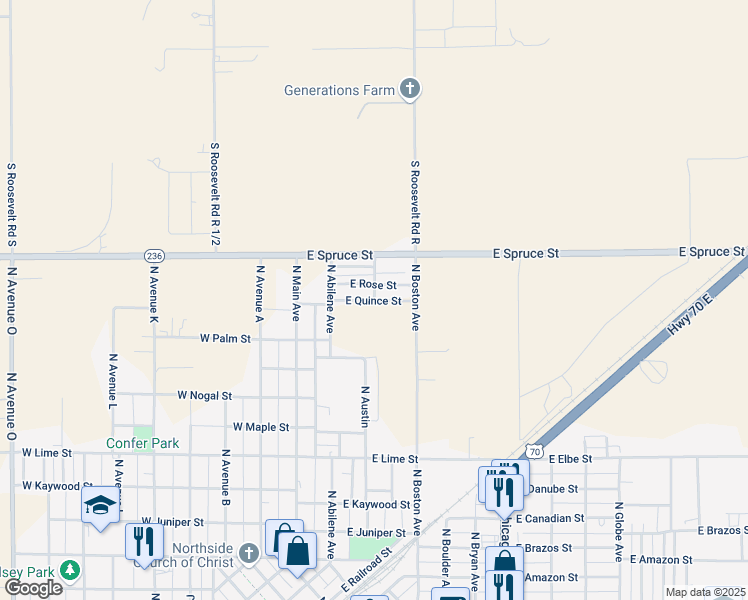map of restaurants, bars, coffee shops, grocery stores, and more near East Quince Street in Portales