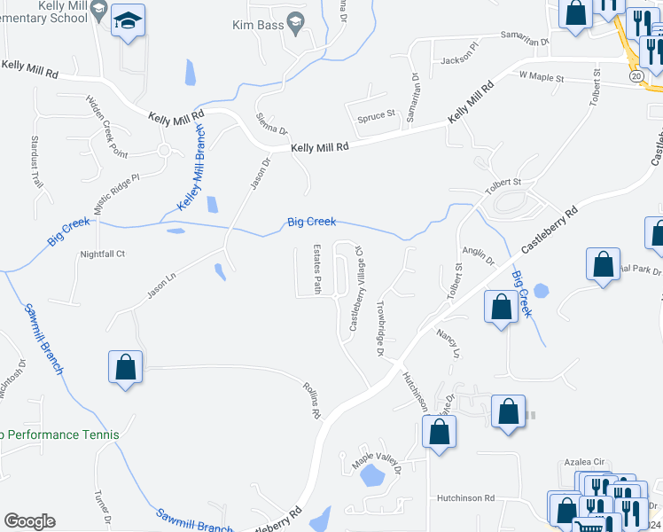 map of restaurants, bars, coffee shops, grocery stores, and more near 3510 Castleberry Village Circle in Cumming