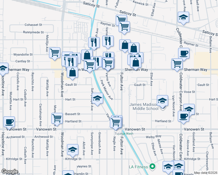 map of restaurants, bars, coffee shops, grocery stores, and more near 7059 Varna Avenue in Los Angeles