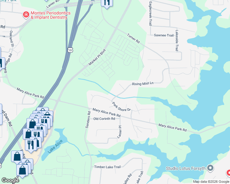 map of restaurants, bars, coffee shops, grocery stores, and more near 1510 Park Shore Drive in Cumming