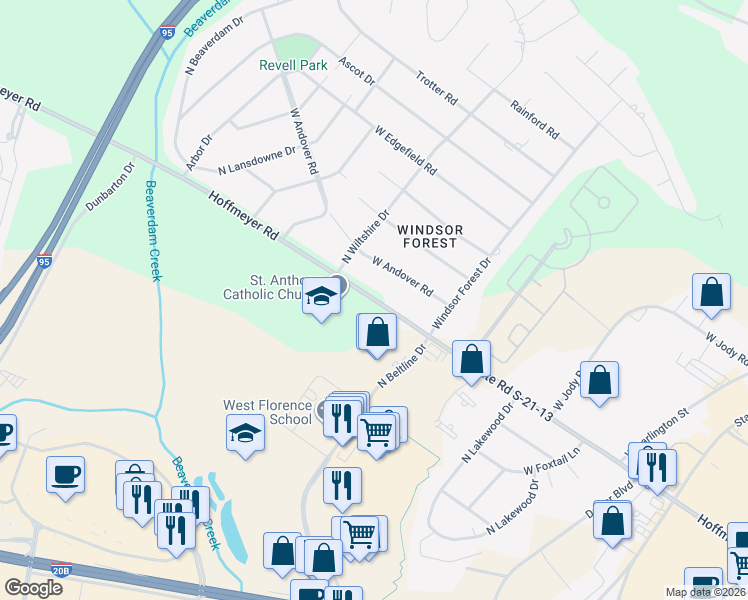 map of restaurants, bars, coffee shops, grocery stores, and more near 2536 Hoffmeyer Road in Florence